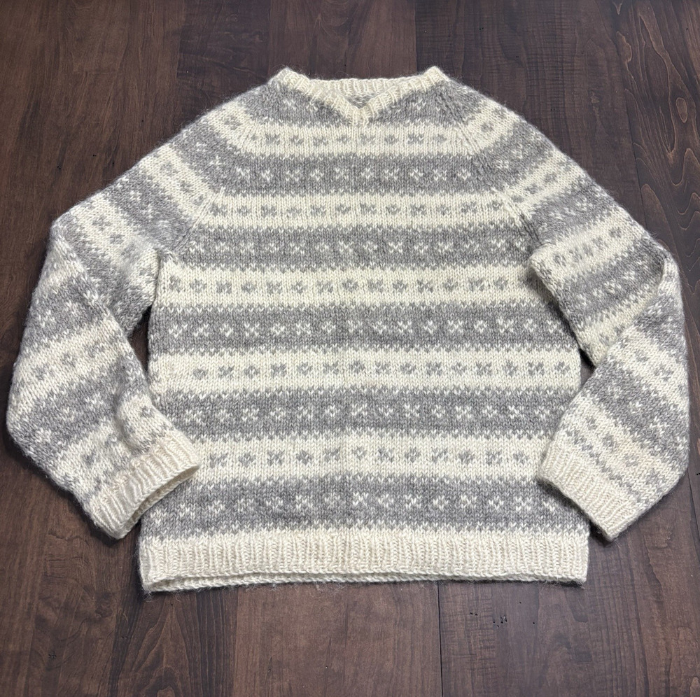Vtg 100% Wool Sz Lg Hand Knit Sweater Nordic Chunky Cabin Scandi Ski Lodge Thick